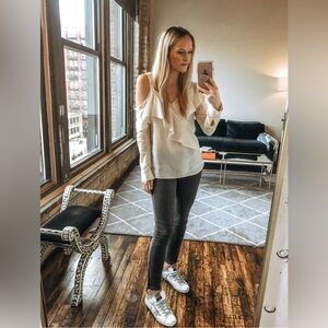 Veronica Beard Cold Shoulder Ruffle Stud Top